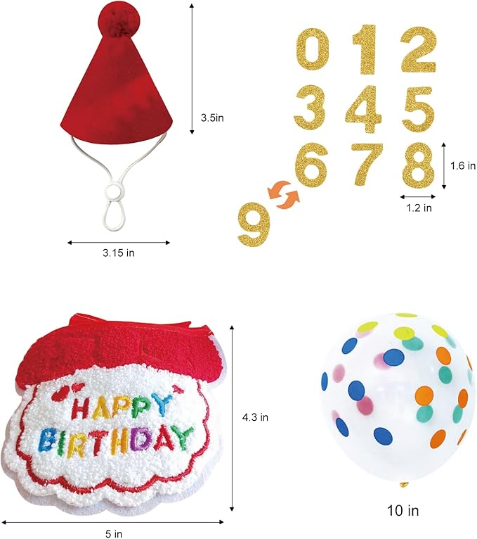 Reusable Cat Birthday Decorations Set - Adjustable Cat Birthday Hat & Bandana with Age Numbers | Kitty Celebration Kit for Memorable Milestones(Red)