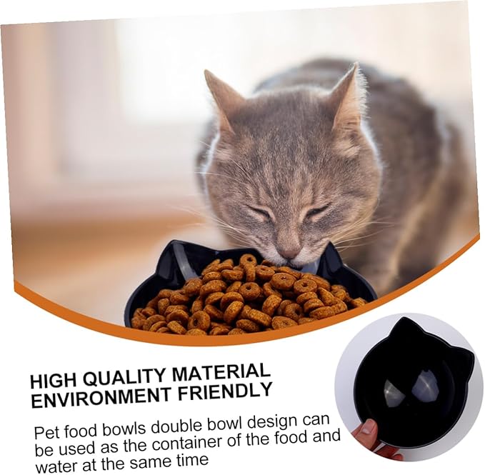 Homoyoyo Double Pet Food Bowl with Cat Ear Design, Black Plastic Raised Feeding and Watering Dish, Tilted Neck Protection, Anti-Spill Cat and Dog Bowl for Indoor Use