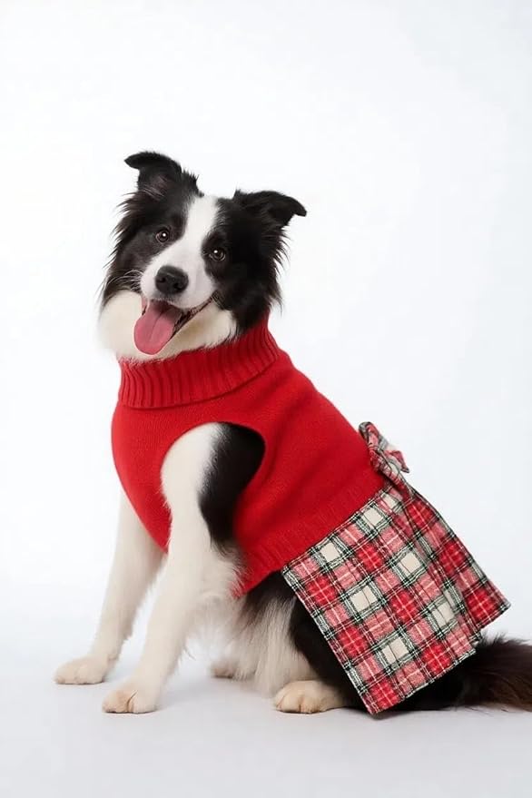 Lanyarco Burgundy Red Knitted Dog Sweater Dress, Plaid Dog Winter Clothes for Small Dogs Girl, Chihuahua Christmas Sweater, Maltese Cat Apparel, Red, X-Small (XS)