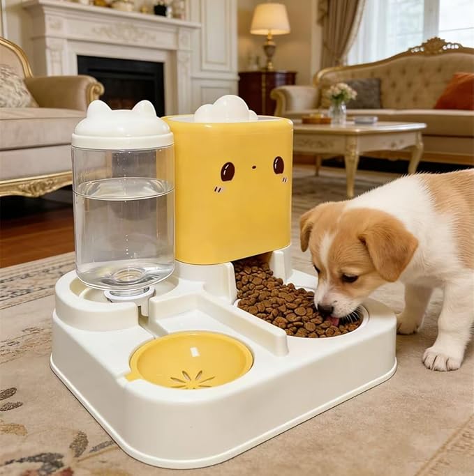 Pet Automatic Feeder Dog Cat Feeding Bowl and Water Dispenser with Refillable Storage Container Large Capacity Rabbit Feeder Watering (Yellow)