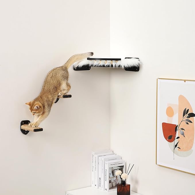 Cat Wall Shelves - 3 Steps Scratch Post & Hammock Bed with Plush Cover, Climbing Shelf for Indoor Cats (Black)