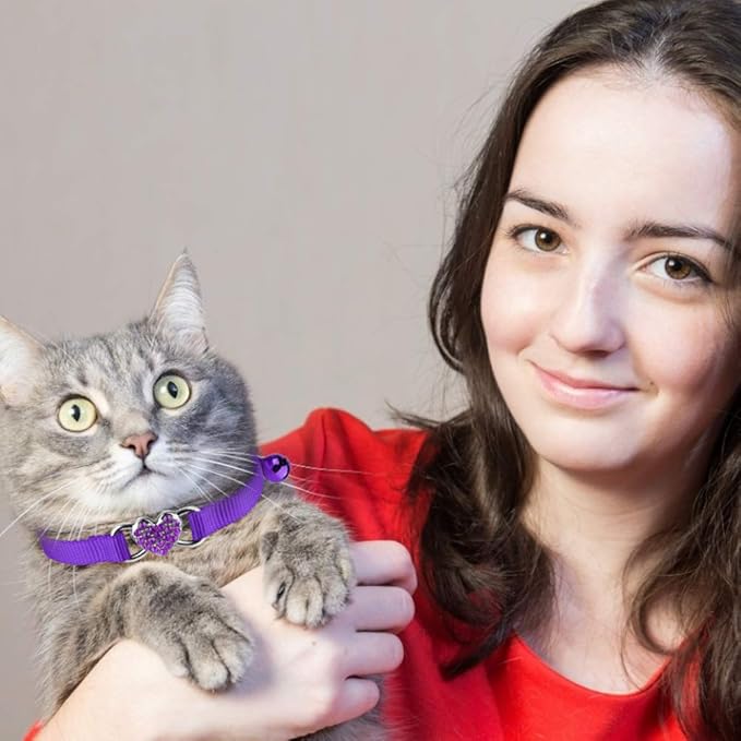 Mtliepte 2 Pcs Cat Collars Heart Bling Breakaway with Bell Nylon Adjustable for Kitty (red+Purple)