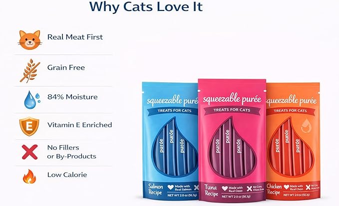 Lickable Cat Treats Squeezable Salmon Puree Tubes (12 x 0.5oz) | Grain Free Creamy Wet Treats for Picky Eaters Kittens Adults High Protein Omega Rich Food Topper Bonding Snack