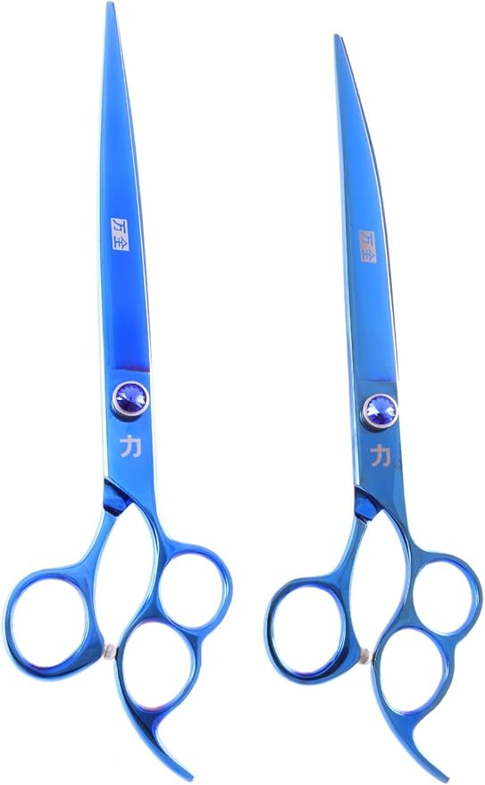 ShearsDirect Japanese 440 Stainless Steel Grooming Shear, 8.5-Inch, Straight and Curved Blue Titanium