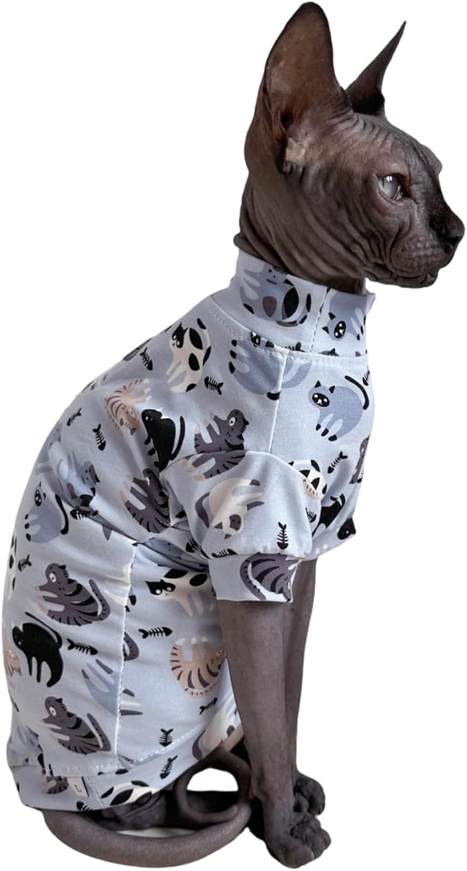 Limited Edition Sphynx Cat Cotton T-Shirts Hairless Cat Sweatshirt Pet Kitten Clothes Round Collar Kitten Shirts Vest Cats & Small Dogs Apparel (Cat Fishbone, M (5.5-6.6 lbs))