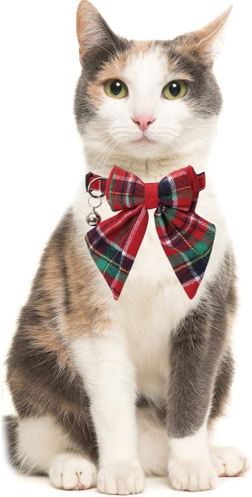 Christmas Cat Collar Breakaway with Cute Removable Bow Tie and Bell for Kitty Adjustable Safety Plaid