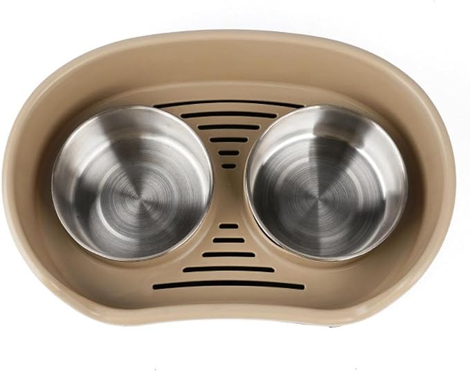 Cat Water and Food Bowl Feeder Food Dispenser Indoor Nonslip Pet Supplies Double Bowl Feeding Dish for Small Dogs Kitten Pets, Brown