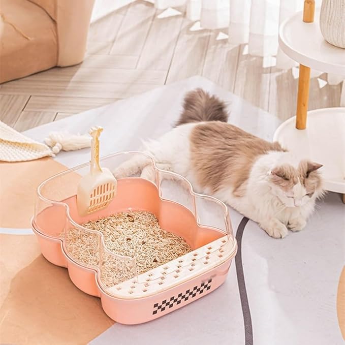 Pet Supplies, Extra Large Semi-Closed Cat Litter Box with Clear Flap & Scoop, Anti-Splash(Beige)