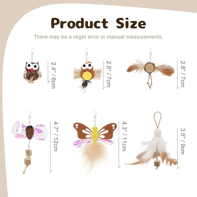 SONGWAY Cat Wand Toy Replacement - 6 PCS Flying Bird & Crinkle Butterfly Cat Toy Feather Refills with Silvervine, Cat Teaser Wand Attachments, Interactive Cat Toys for Indoor Cats Kittens