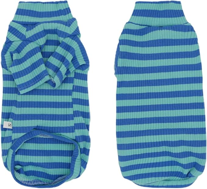 Striped Waffle Knit Shirt for Sphynx Cat, 2-Leg Long Sleeve Lightweight Outfit for Hairless Cats, Soft All-Season Pet Clothes (Blue, Medium (3.5-5lbs))