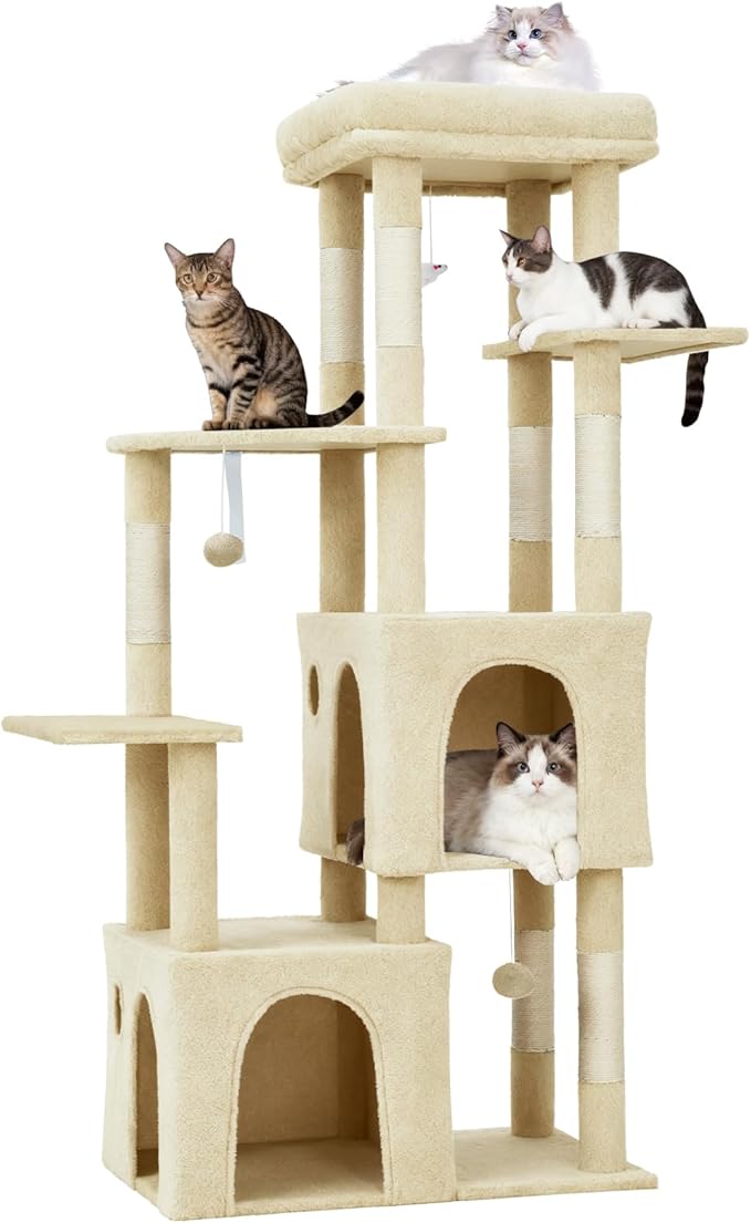 61.4 Inch Cat Tree, Large Cat Tower with Sisal Scratching Posts, 2 Spacious Cat Beds, Hanging Ball & Top Perch, Ideal for Large Indoor Adult Cats, Beige