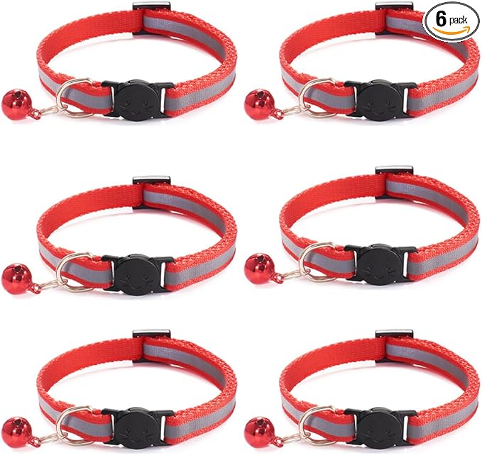 6 Pack Reflective Cat Collar with Bell, Breakaway and Safe Collars for Cats, Nylon, Pet Collar Mixed Colors Adjustable19-32cm (Red)