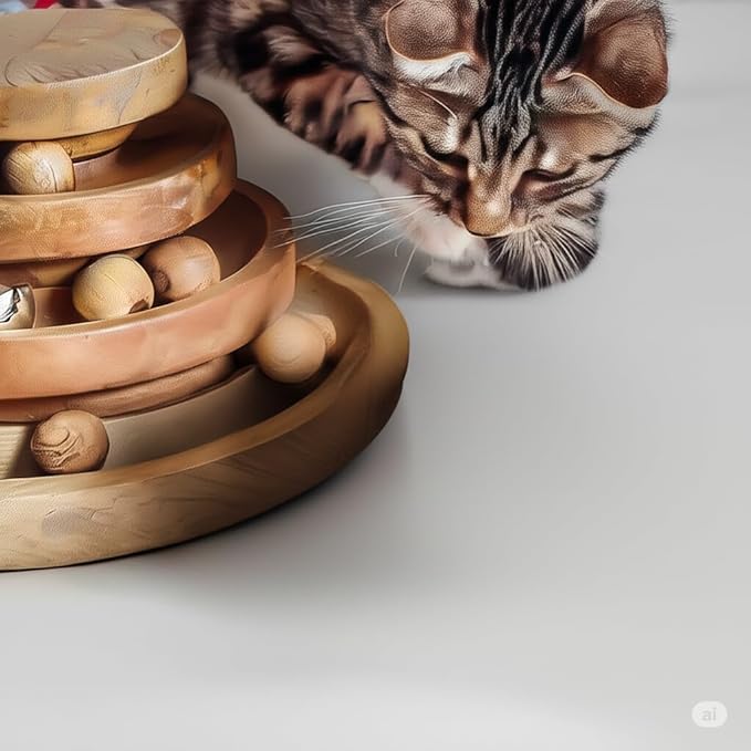 Interactive Cat Toy Tower with Balls & Bell – 3 Tier Track Ball Toy for Indoor Cats & Kittens – Wooden Cat Enrichment Toy for Bored Cats, Exercise & Mental Stimulation 8 x 8 x 4 Inches