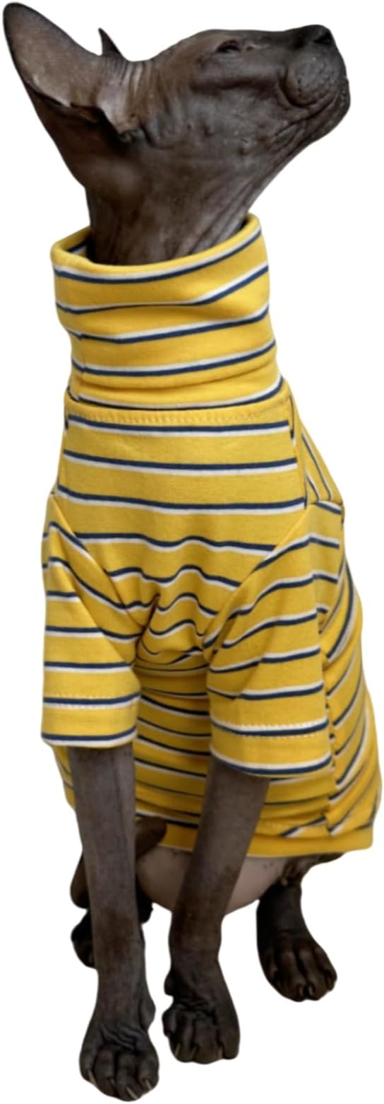 Vintage Stripes Sphynx Hairless Cats Shirt Cotton Cat Turtleneck Pet Clothes Kitten T-Shirts with Sleeves for Sphynx Cornish Rex, Devon Rex, Peterbald (Yellow Stripe, Small (Pack of 1))