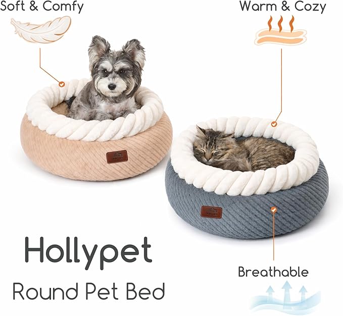 Hollypet Cat Bed for Indoor Cats Kitty Beds, Round Washable Fluffy Small Dog Bed, Soft Cozy Plush Pet Beds for Puppy and Kitten with Non-Slip Bottom (20" D * 8" Th, Gray)