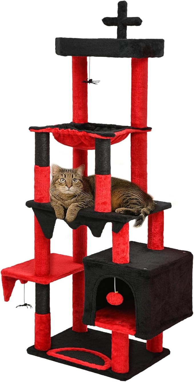 BYBYME Gothic Cat Tree for Halloween, 66in Tall Sturdy Furniture Set with Bed House, Hanging Toy, Scratching Board Sisal-Covered Posts, Multifunctional Cat Play Tower with Hammock(Black Red)