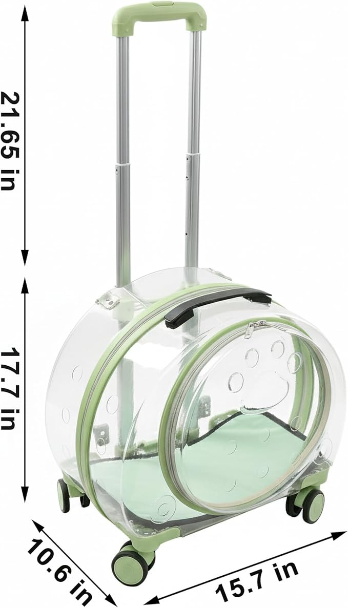 Hard Shell Cat Carrier with Wheels, Rolling Cat Travel Carrier with Telescoping Handle, Transparent Pet Carrier for Cats (Green)