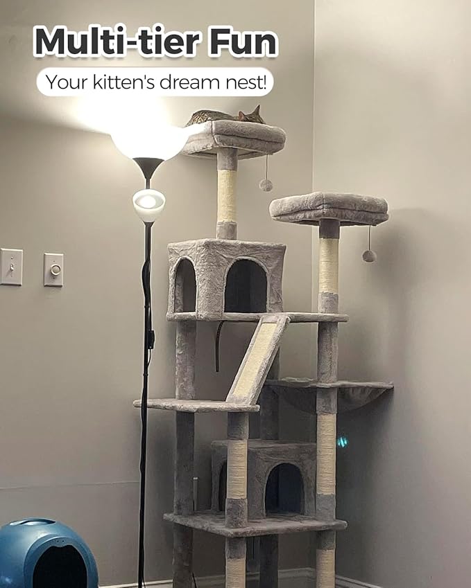 MUTTROS Tall Cat Tree 70.9", Large Cat Tree for Indoor Cats, Multi-Level Plush Cat Condo with 6 Scratching Posts, 2 Scratching Boards, 2 Perches, 2 Caves, Hammock, 2 Pompoms, Gray