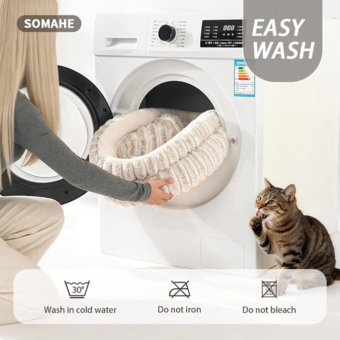 SOMAHE Cat Bed, Round Plush Faux Fur Donut Cuddler – Machine Washable Calming Cat Bed for Indoor Cats & Kittens, Removable Cushion Non-Slip Fluffy Kitten Bed, Cozy Small Cat Nest, 20" Inch White