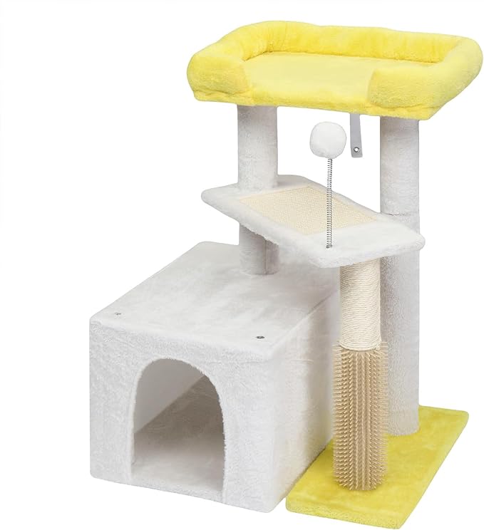 27.5in Plush Cat Tree, Multi-Level Cat Tower with Scratching Post and Pad, Cozy Condo & Padded Perch, Dangling Ball for Kittens and Indoor Cats, Compact Cat Furniture for Small Spaces (Yellow & White)