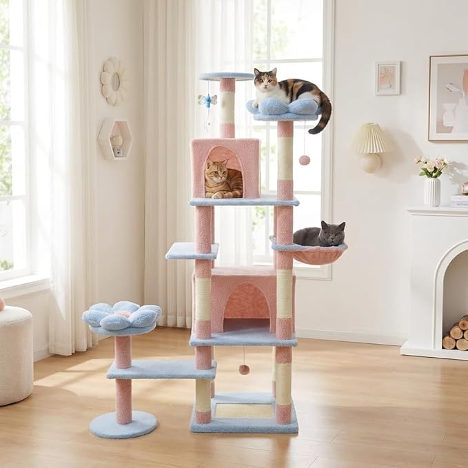 Flower Cat Tree 71 Inches,Large Cat Tower with 2 Detachable Flower Cushions and 2 Hiding Condo, Tall and Big Cat Tree with Hammock Bed, Interactive Toys and Scratching Posts for Indoor Cats (Blue)