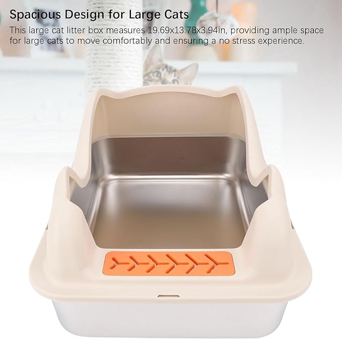 Large Stainless Steel Cat Litter Box with Lid | Easy to Clean, Anti Splash Design, High Sides for Less Mess (Khaki)