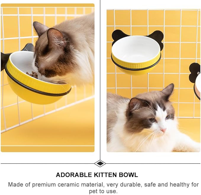 TOYANDONA Multi-Function Hanging Ceramic Pet Bowl Set with Tilted Iron Stand, Yellow Fishbone Planet Design, Suitable for Cats and Puppies Feeding and Watering