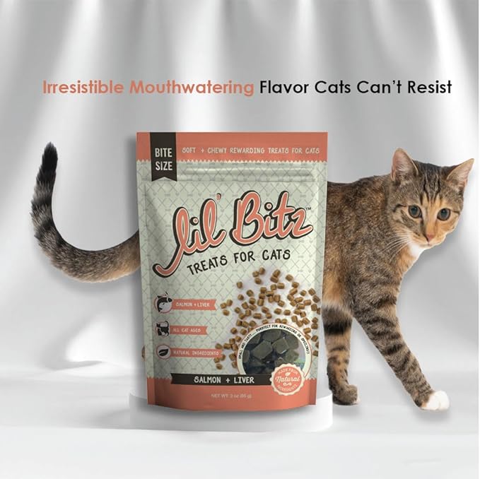 Lil' Bitz Soft & Chewy Cat Treats, Bite Size Rewarding Treats for Cats, Made with Natural Ingredients, Salmon & Liver Flavor, Perfect for Training & Bonding, 12 Pack (3 oz Each)
