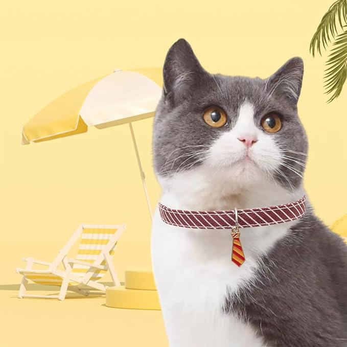 2 Pack Cotton Cat Kitten Collar with tie Accessories, Classic Stripes Cute Cat Collar for boy Girl Cats, Adjustable 7.8-12.2in Kitten Collars for Wedding Formal Party Red & White
