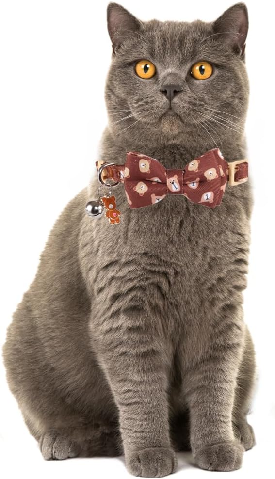 Cat Collar Breakaway with Cute Bow Tie Bandana and Bell Accessories Bear for Kitty Adjustable Safety