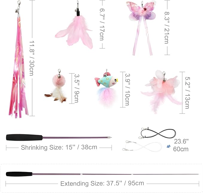 SONGWAY Cat Wand Toys for Indoor Cats - Cat Toy Set with Retractable Teaser Wand and 6 PCS Fairy Feather Toy Refills, Butterfly Tassel Plush Cat Toys Interactive, Pink