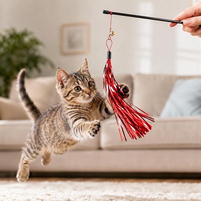 LUOZZY 8 Pcs Cat Teaser Wand Replacement with Bell Metallic Foil Tassel Cat Wand Toys Interactive Catcher Teaser for Pet, Random Color