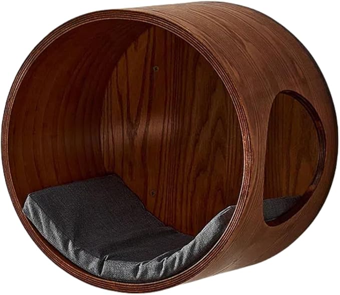 Soild Wood Round Wall Mounted Cat Bed Shelves, Cat Climbing Frame with Cushion, for Cats Sleeping, Playing, Climbing (Wood Color)