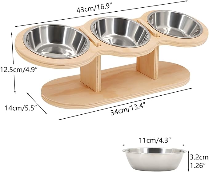 Raised Cat Feeder 3 Bowls in 1 Feeding Watering Supplies 15° Puppy Stainless Steel Wood Stand Cats Accessories