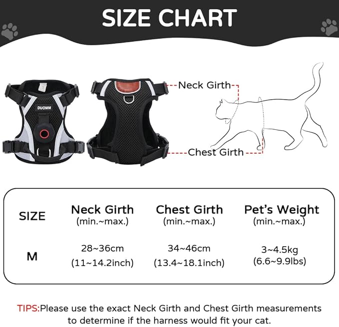 Cat Harness and Leash Set with Holder Compatible with AirTag, Upgraded Escape Proof Kitten Harness with Lead for Large Adult Cats, Soft Mesh Jacket Vest for Walking, Reflective & Adjustable, Black, M
