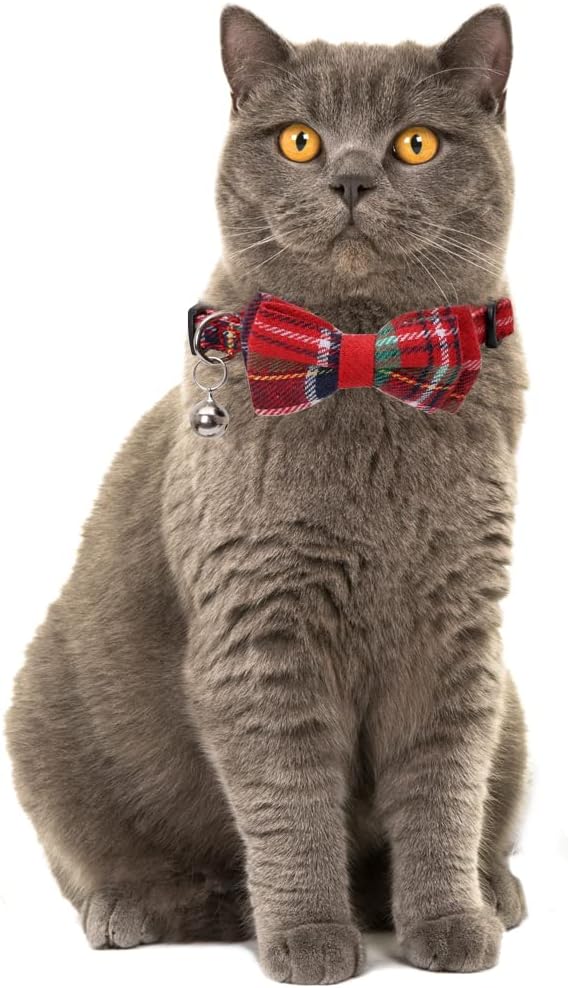 Christmas Cat Collar Breakaway with Cute Removable Bow Tie and Bell for Kitty Adjustable Safety Plaid