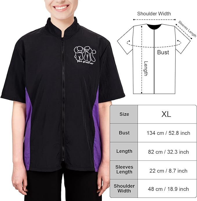 Noverlife Short Sleeves Pet Grooming Workwear with Full Zipper, XL Size, Anti-Static Pet Beautician Smock, Lightweight Cosmetologist Uniforms Grooming Jacket for Men Women, Washable Hairdresser Apron