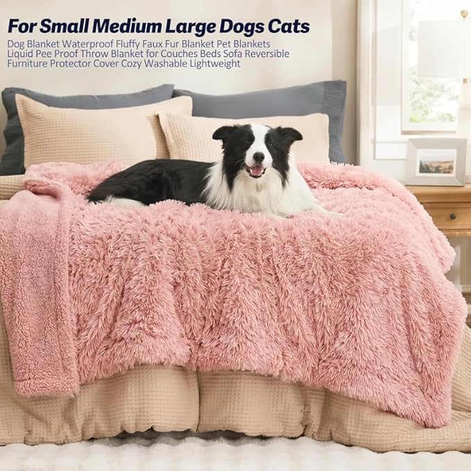 Pink Fluffy Waterproof Caling Blanket for Big Dogs Fuzzy Long Faux Fur Pet Blankets for King Size Bed Covers (Pink,XL-85x57in)