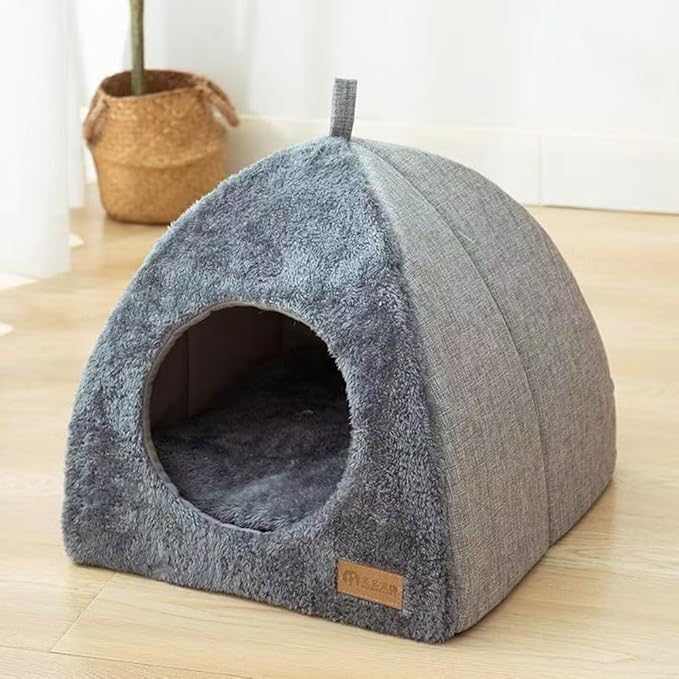 Cozy Plush Cat Cave Bed, Gray, Indoor Self-Warming Enclosed Pet House with Non-Slip Bottom