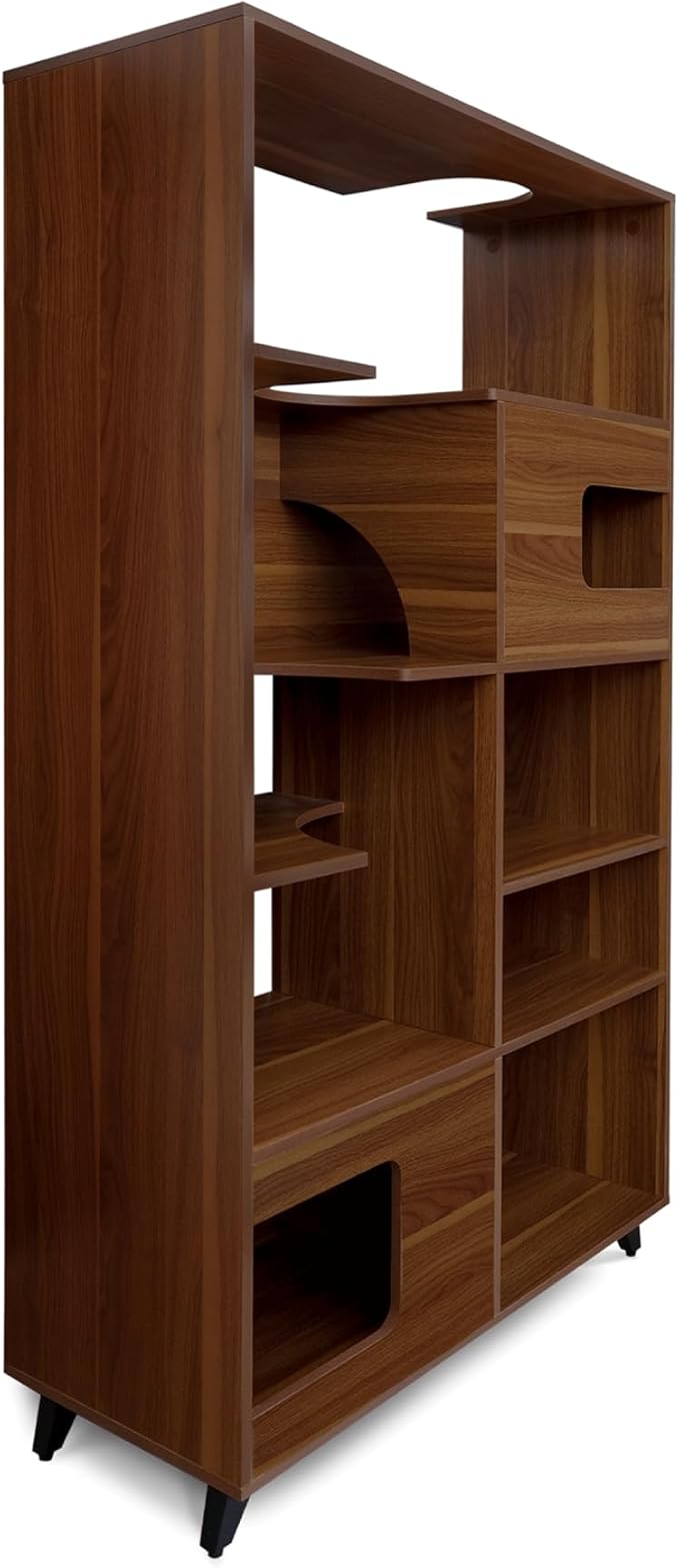4 Cats & Dogs Clifford Cat Tree Bookshelf – Modern Pet Condo with Climbable Shelves, Multi-Level Tower, Indoor Dog Furniture, Space-Saving Bookshelf & Pet Nooks, 69”H x 36”L x 15”D (Walnut)