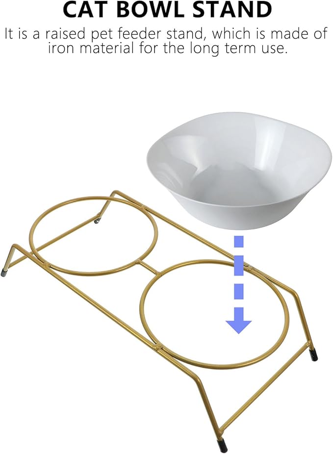 OUNONA Elevated Cat Bowl Stand Iron Feeder Bracket with Anti-Skid Base, Dual Raised Bowls for Cats and Kittens, Gold Pet Feeder Rack for Indoor Feeding and Watering