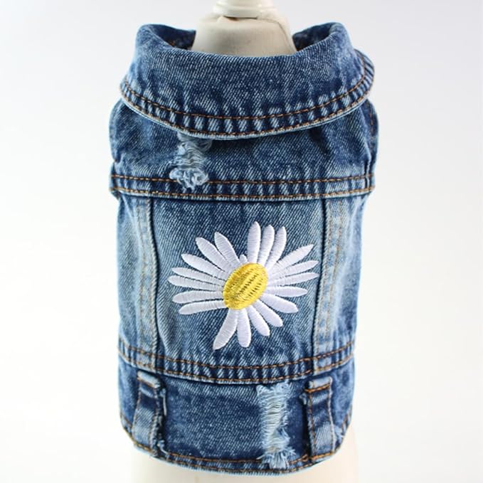 Dog Denim Jacket with Embroidered Daisy, Ripped Vintage Jean Vest for Small Dogs, Pugs, Chihuahuas, Spring Summer Fall Festival Outfit, Large (Fits Chest 15-16")