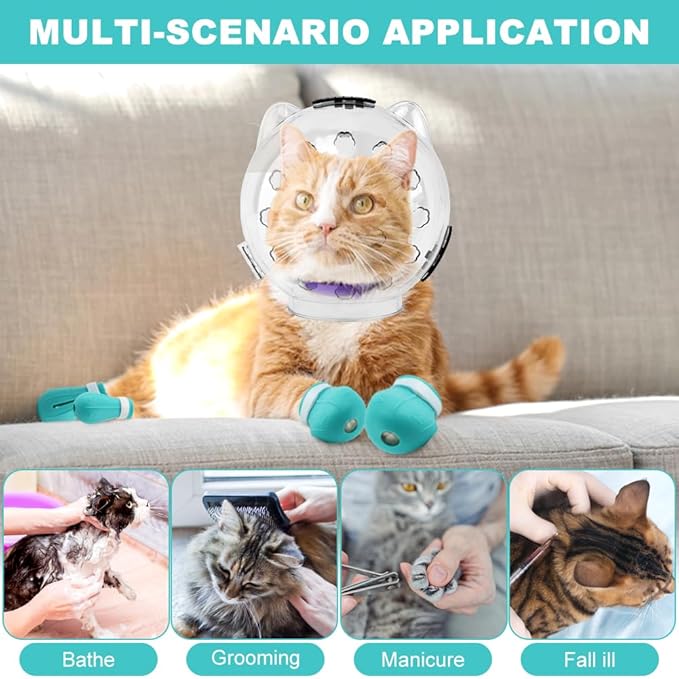 Cat Muzzle for Grooming, Adjustable Breathable Transparent Cat Astronaut Helmet with 4 Silicone Paw Shoes for Bath Nail Trimming(Size:M)