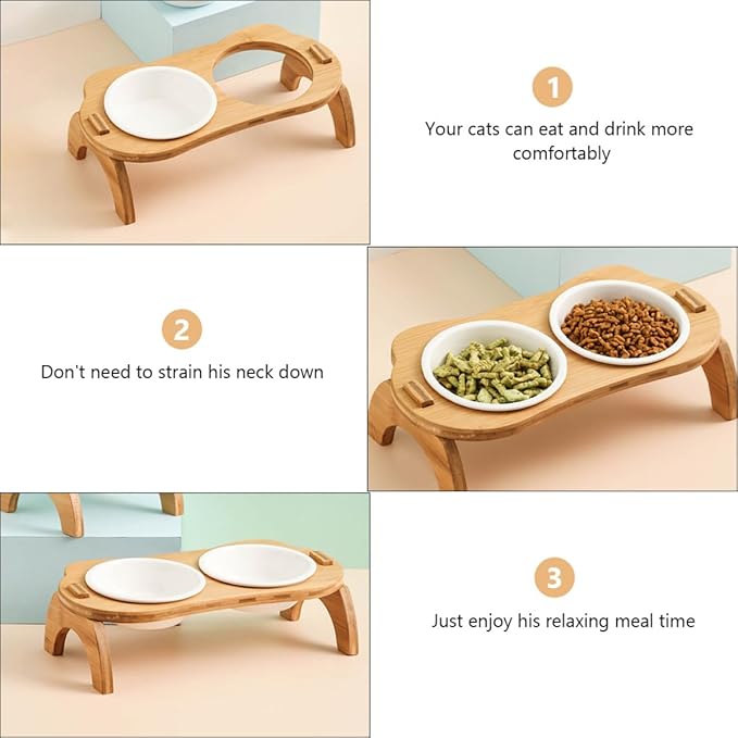 Artibetter Elevated Cat Feeding Bowl Set with Tilted White Ceramic Bowls and Wooden Stand for Spine Protection for Kittens and Small Dogs