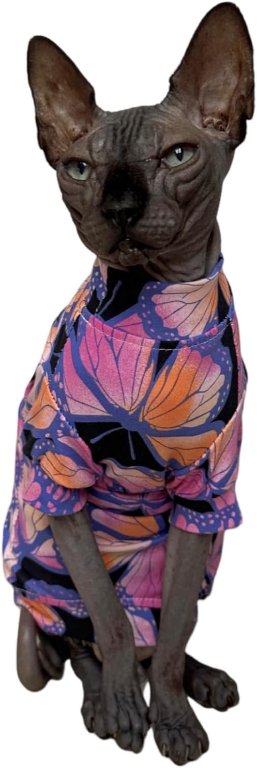 Limited Edition Sphynx Cat T-Shirts Elastic Hairless Cat Sweatshirt Pet Kitten Clothes Round Collar Kitten Shirts Vest Cats & Small Dogs Apparel (Butterfly, XL (10-12 lbs))