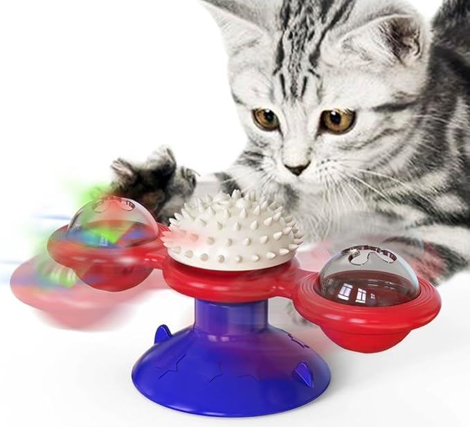 Interactive Windmill Cat Toy with LED Light Ball & Suction Cup – Rotating Catnip Toy for Indoor Cats, Mental Stimulation & Exercise-Blue