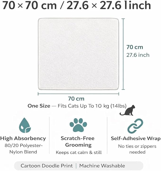 Cat Grooming Wrap for Nail Clipping, Self-Adhesive Cat Burrito Restraint Wrap, Anti-Scratch Cat Swaddle for Bathing, Soft Microfiber 70×70cm Fits Cats Up to 14lbs, Cartoon Doodle Print