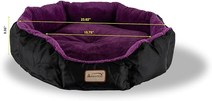 HomeStock Soft Cat Bed - Plush Velvet Round Bed, 23.5" - Bolstered Walls, Machine Washable - Mulberry/Black