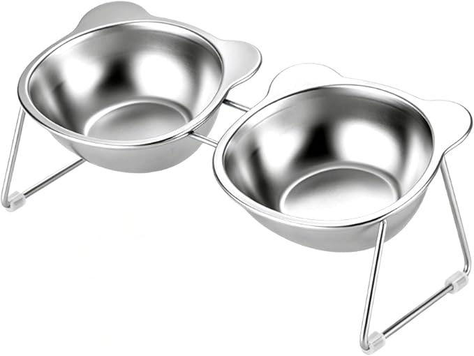 Elevated Cat Bowl, Detachable Stainless Steel Raised Pet Feeder with 15 Degree Tilt Angle Nonslip Feet for Cats Small Dogs (9334 Cartoon Double Bowl)