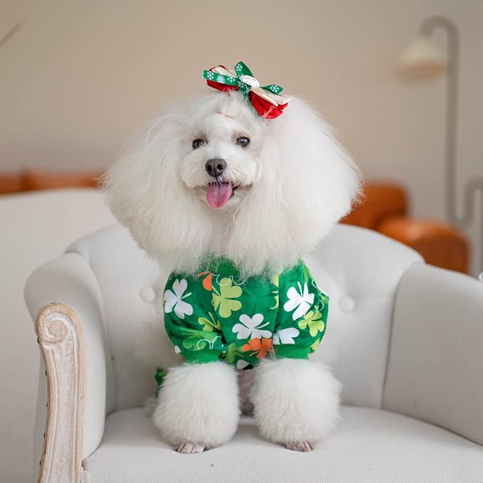 CuteBone Clover St.Patrick's Day Small Dog Pajamas Soft Puppy Pjs Fleece Stretchy Onesie Cat Clothes for Daily Wear P275M
